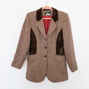 VTG Style Exchange Women Blazer Size 8 Brown Plaid Velvet Trim Equestrian Preppy